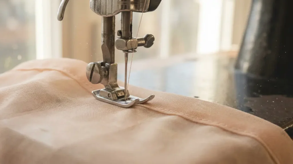 Ourlet étroit cousu au pied presseur sur un tissu léger couleur pêche