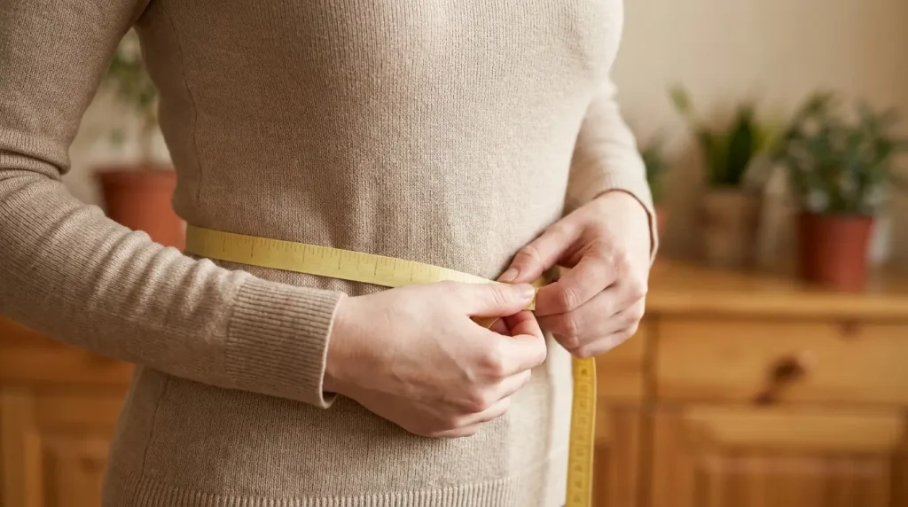 Femme mesurant son tour de taille avec un mètre ruban souple