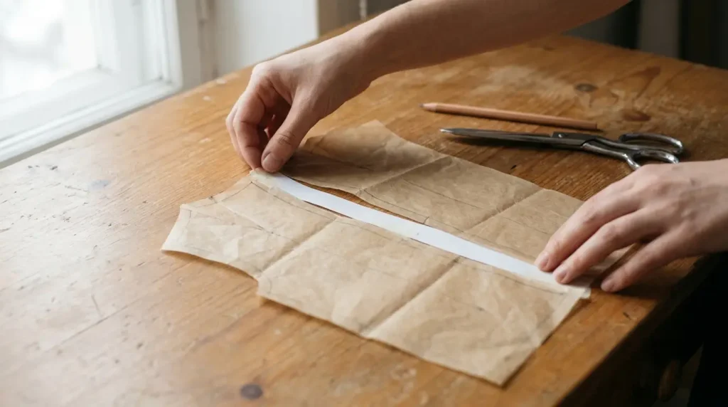 Patron papier coupé et écarté avec une bande insérée pour le rallonger