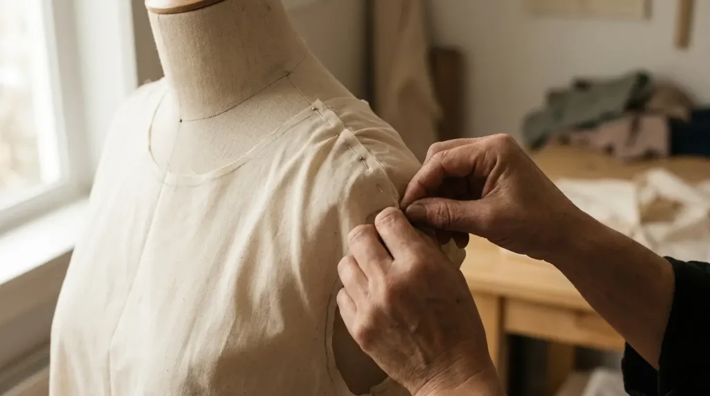 Mains épinglant une correction le long de la couture d'épaule sur une toile