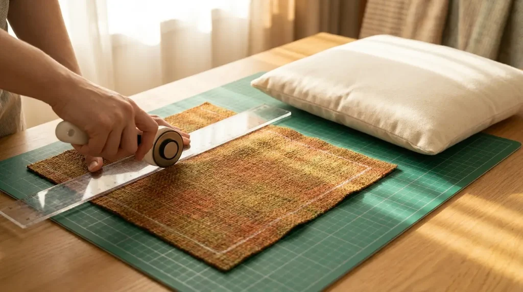 Découpe d'un tissu d'ameublement au cutter rotatif à côté d'un coussin de garnissage