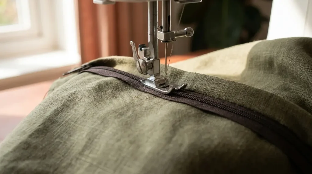 Pose d'une fermeture éclair dans la couture d'une housse de coussin en lin