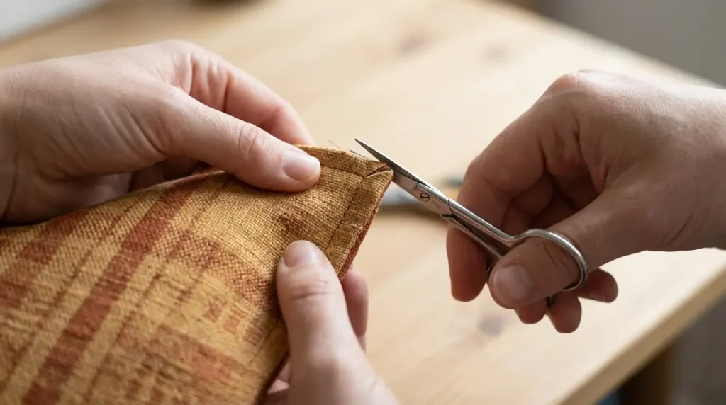 Dégagement en biais de l'angle d'une housse de coussin aux ciseaux
