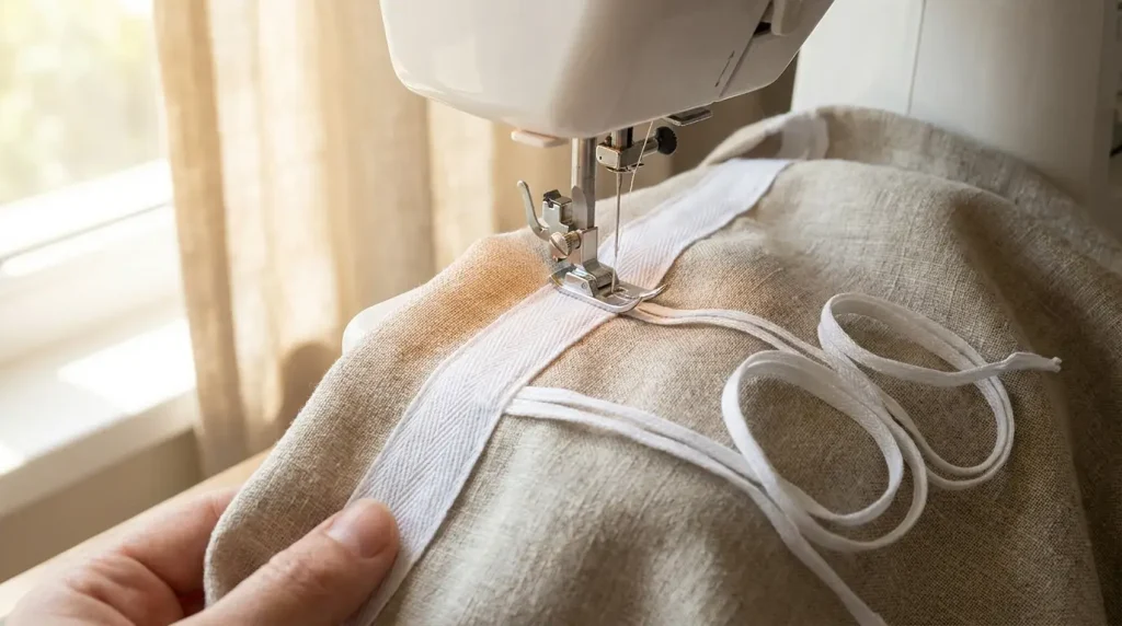 Couture d'un ruban fronceur à cordons en tête d'un rideau en lin