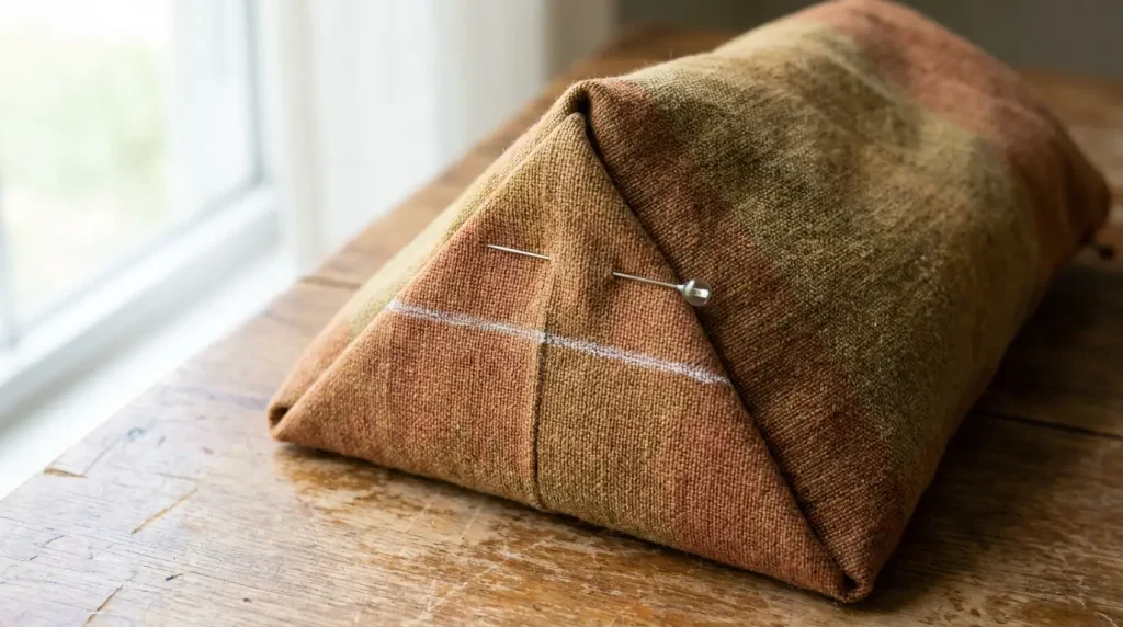 Fond plat d'une trousse : coin aplati en triangle, couture de côté sur couture de bas, ligne de craie