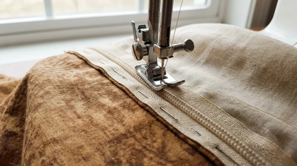 Couture du premier côté d'une fermeture éclair au pied à zip, épingles le long du bord