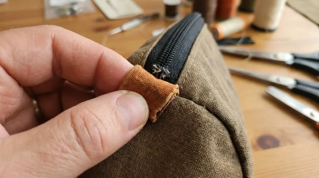 Petite patte de tissu coiffant l'extrémité brute d'une fermeture éclair de trousse