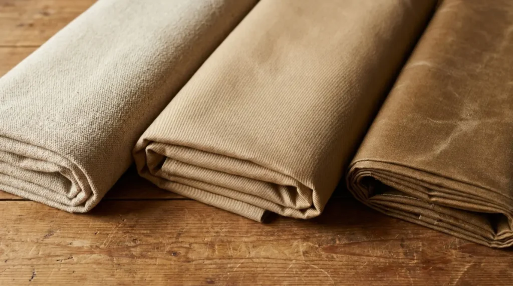 Trois toiles lourdes pour sac pliées côte à côte : canvas, sergé, toile enduite