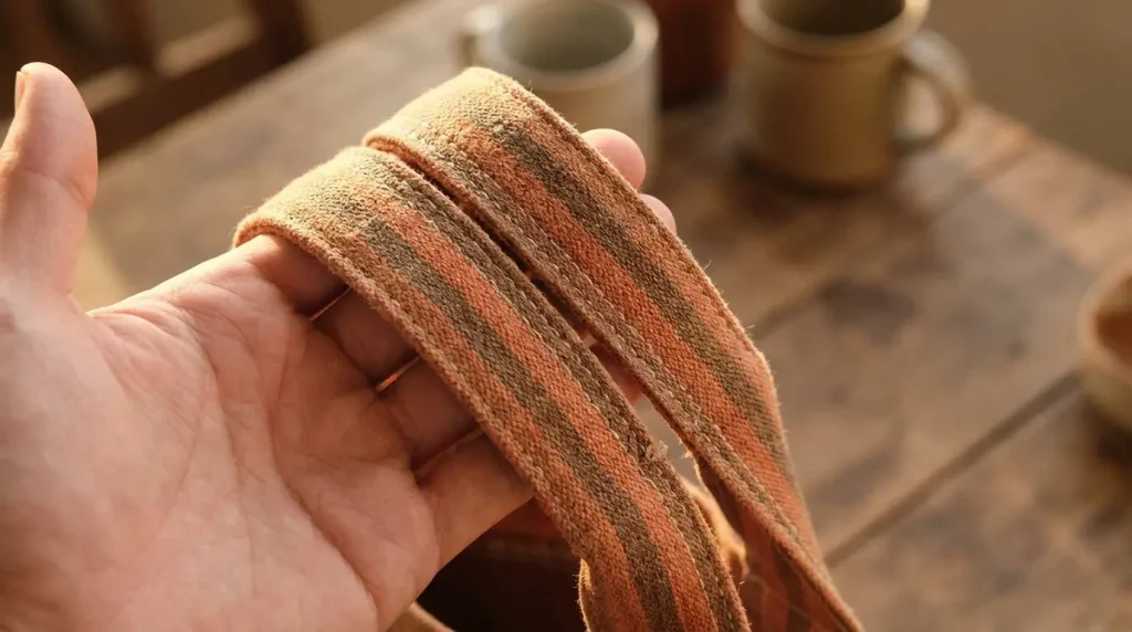 Anse de sac en sangle repliée, surpiquée de deux lignes sur chaque bord