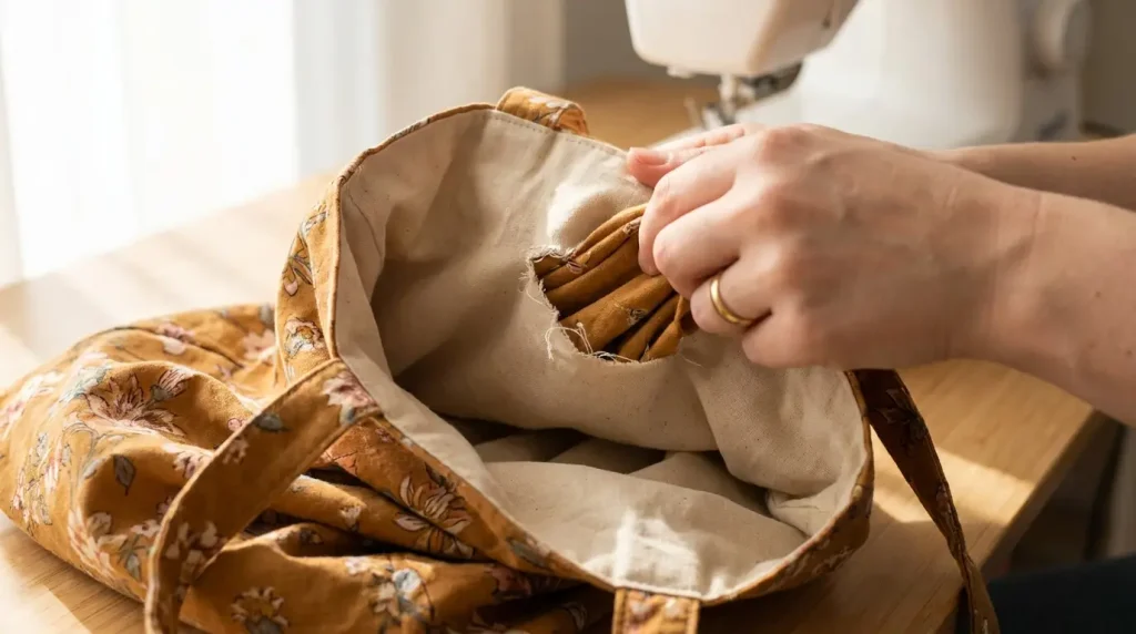 Retournement d'un tote bag par l'ouverture laissée dans le fond de la doublure