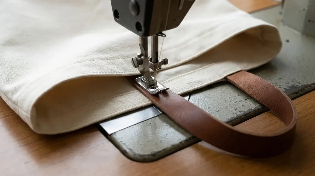 Surpiqûre de crête au ras du bord supérieur d'un tote bag sous la machine