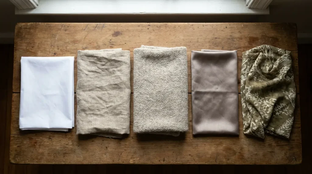 Cinq échantillons de tissus alignés : coton, lin, laine, synthétique, viscose