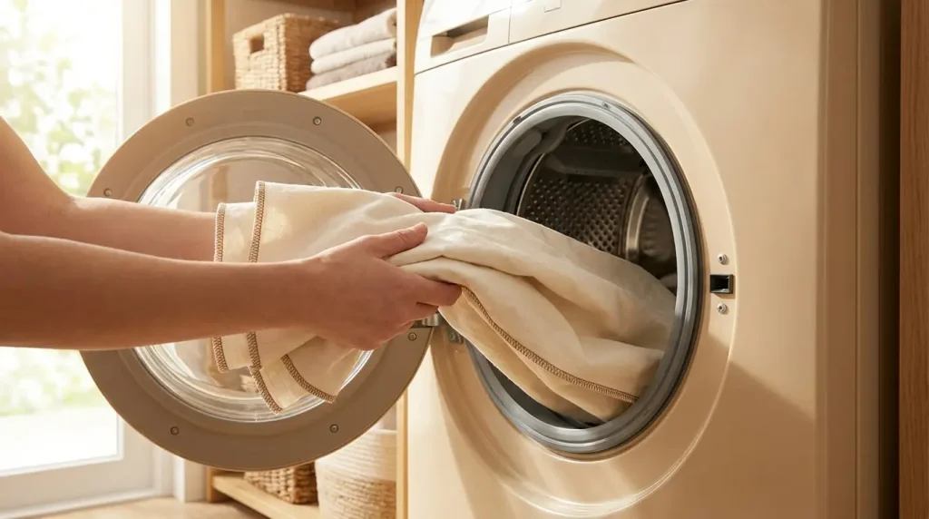 Chargement d'un métrage de tissu aux bords surfilés dans une machine à laver