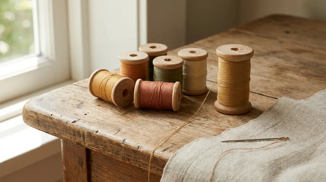 Bobines de fil à coudre de couleurs chaudes sur une table en bois, une aiguille posée sur du lin