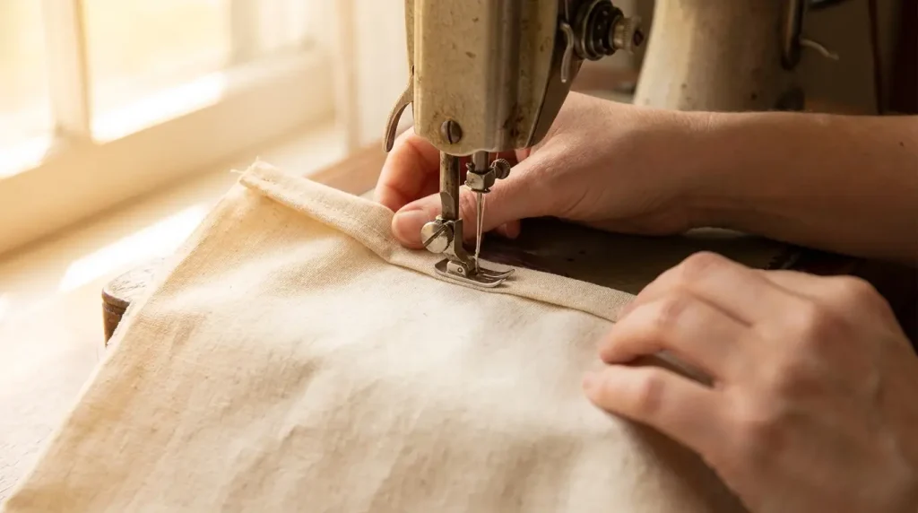 Couture d'un côté de sac à vrac en coton naturel sous la machine