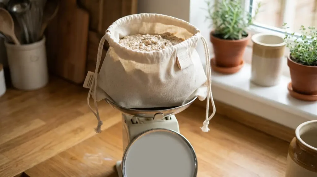 Sac à vrac en coton rempli, posé sur une balance de cuisine, étiquette à la coulisse