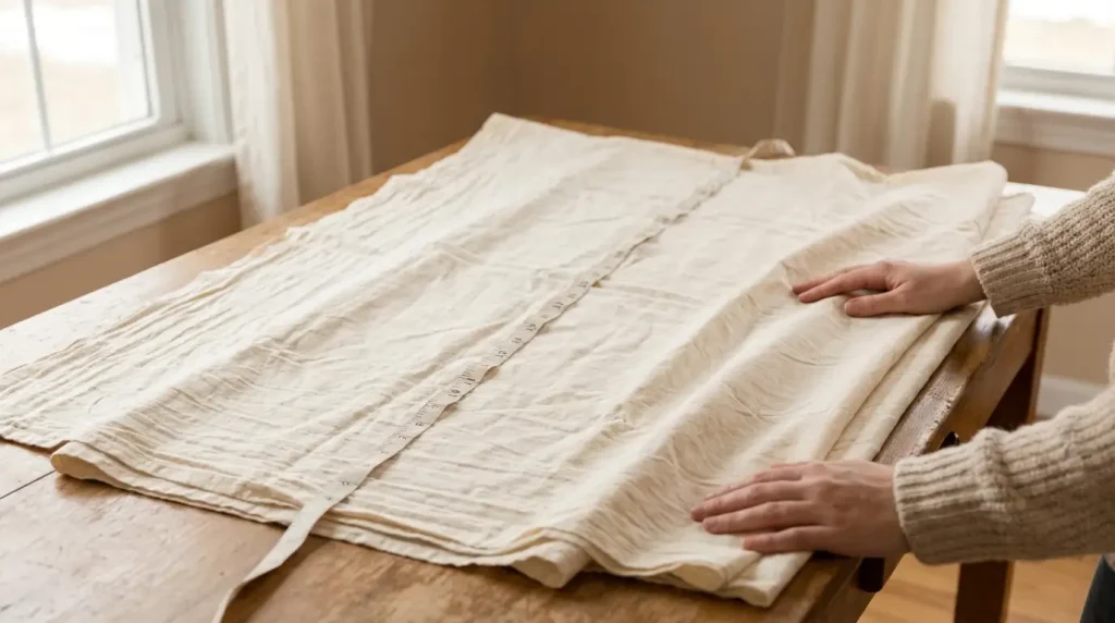 Grande pièce de tissu de linge de lit étalée sur une table avec un mètre ruban