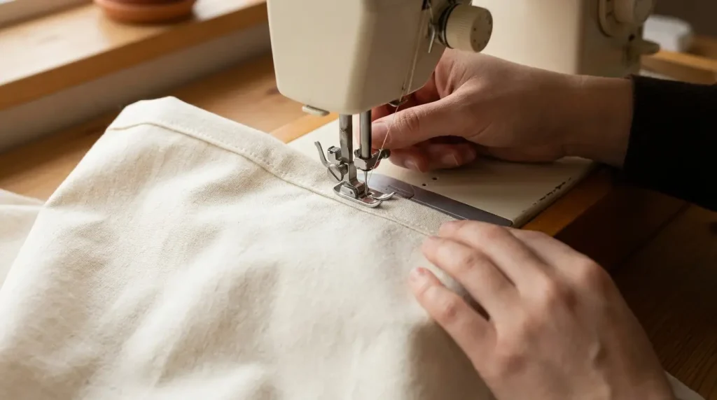 Couture d'un ourlet à double repli sur le bord de l'ouverture d'une housse