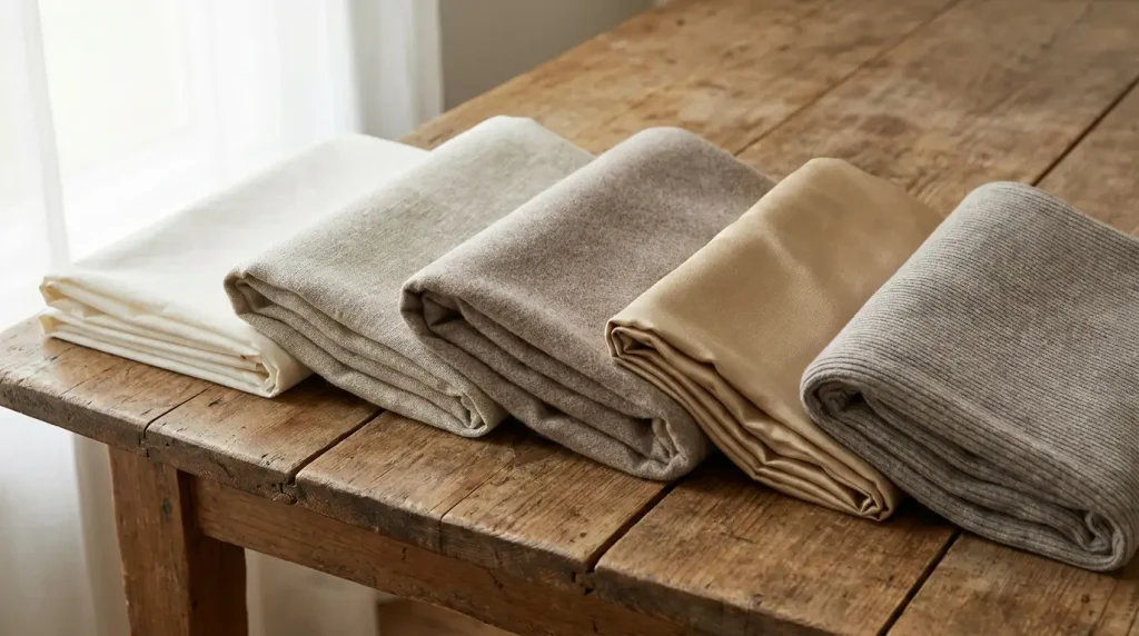 Cinq tissus de fibres différentes pliés : coton, lin, laine, viscose et maille
