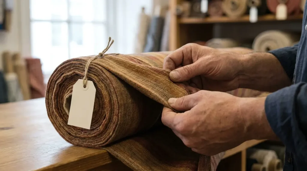 Mains éprouvant au toucher une pièce de tissu en boutique, étiquette au rouleau
