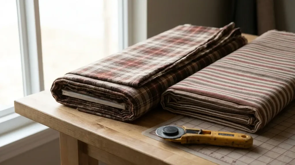 Tissus à carreaux et à rayures pliés sur un tapis de coupe avec un cutter rotatif