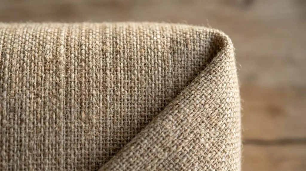 Macro d'un tissu tissé montrant chaîne, trame et le coin plié dans le biais