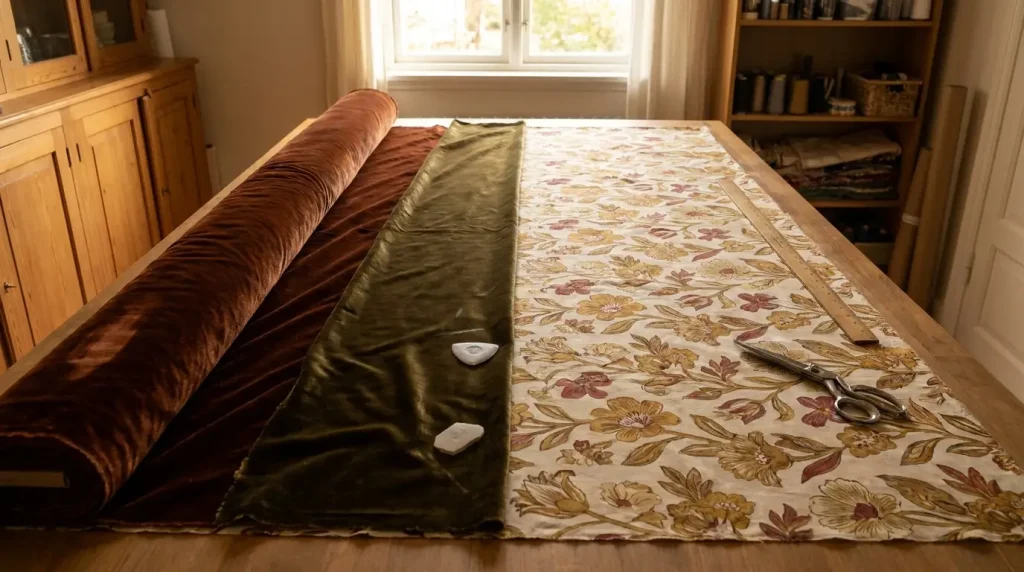 Rouleaux de velours et tissu à motif floral directionnel sur une table de coupe
