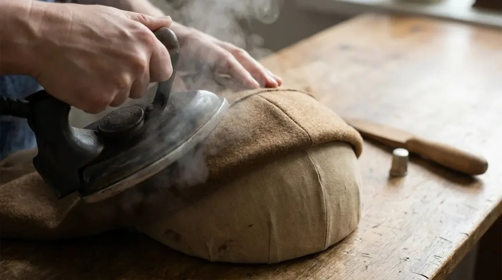 Repassage d'une tête de manche à la vapeur sur un coussin de tailleur arrondi