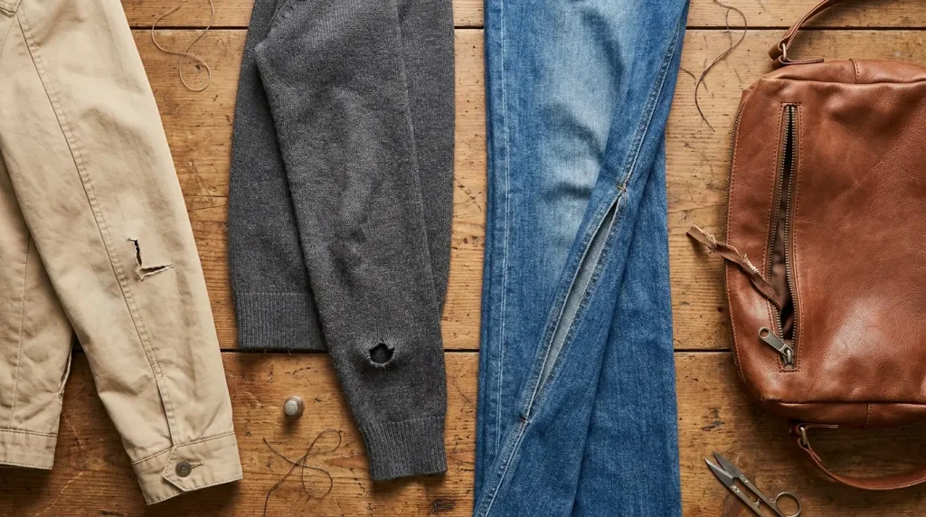 Quatre avaries de vêtements : accroc, trou de maille, couture ouverte et fermeture cassée