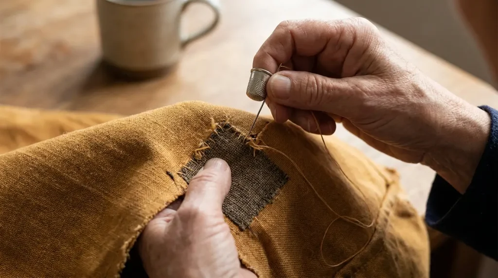 Réparation d'un accroc à la main avec un renfort de tissu cousu à l'envers