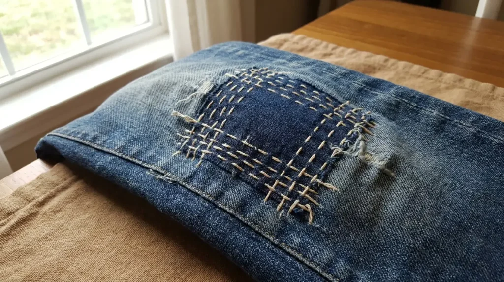Raccommodage visible façon sashiko sur un genou de jean, points clairs en grille