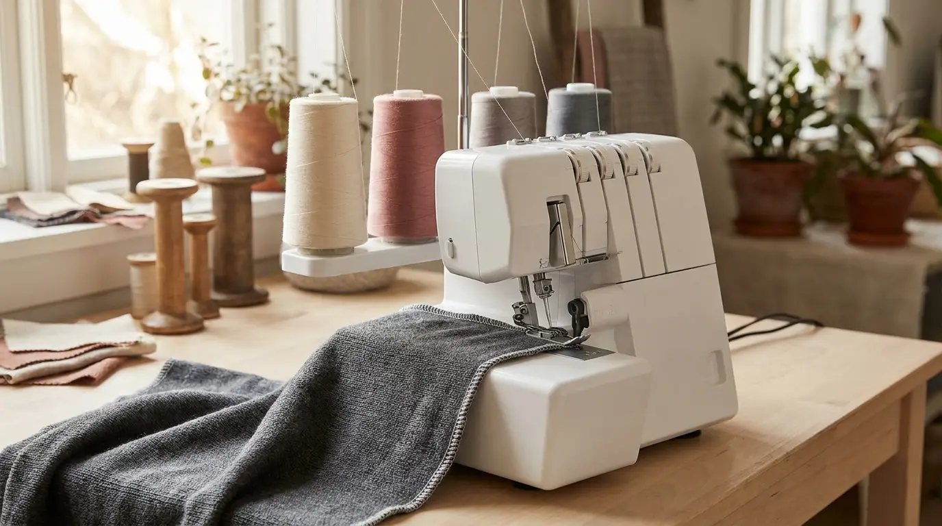 Surjeteuse blanche avec cônes de fil surfilant un tissu — test des surjeteuses Singer