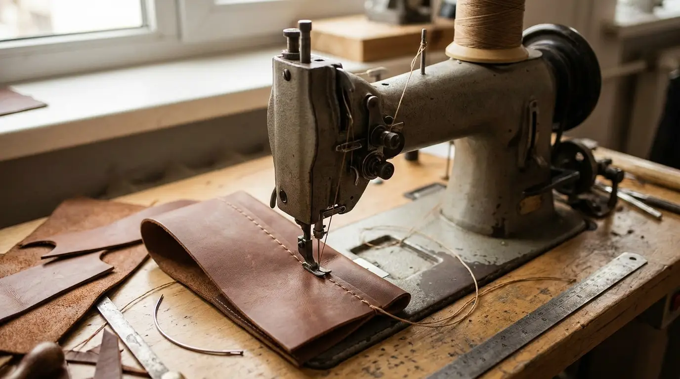 Machine à coudre robuste piquant une épaisseur de cuir brun sur un établi