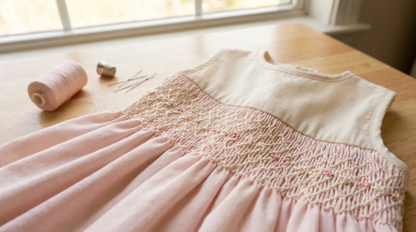 Robe de bébé rose avec un panneau de smocks en nid d'abeille