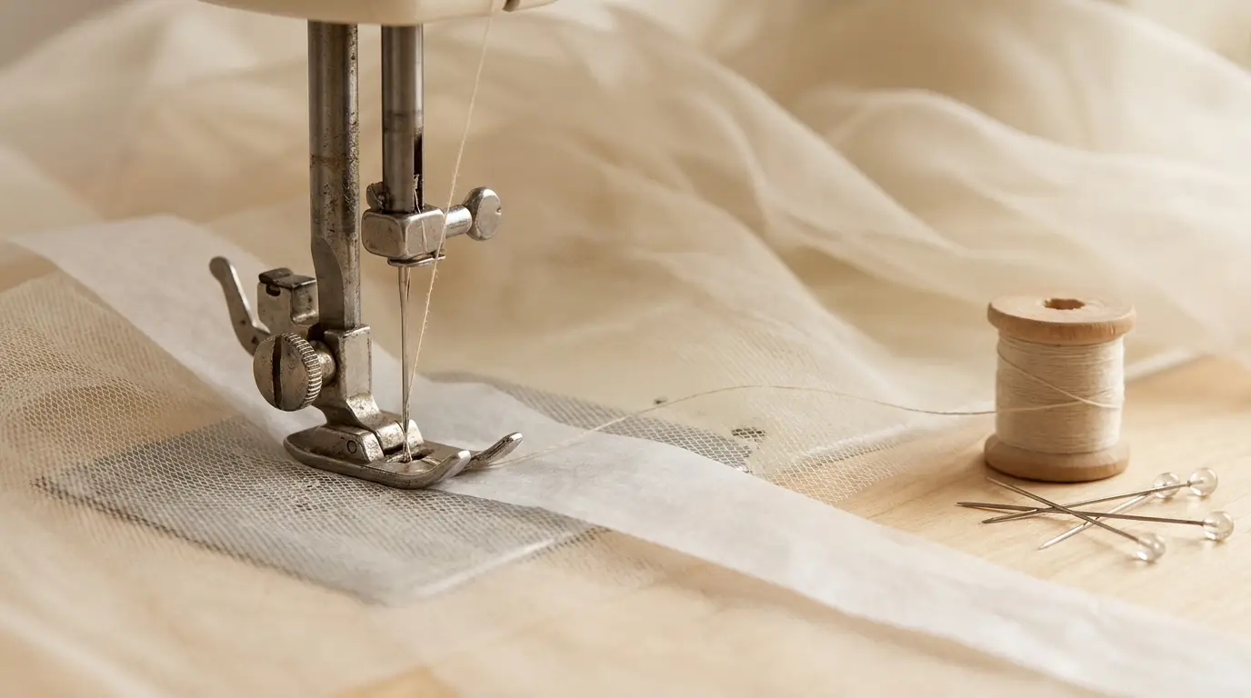 Tulle ivoire cousu sous le pied d'une machine avec du papier de soie dessous