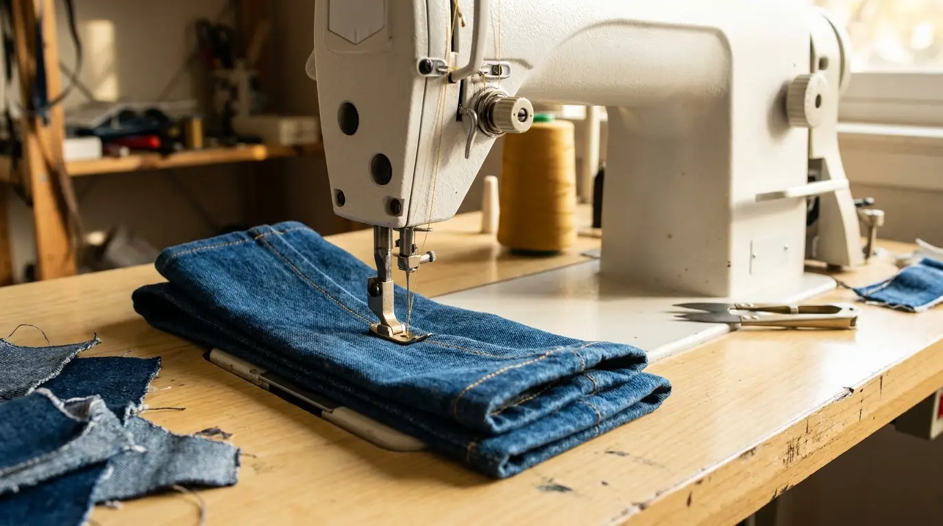 Machine à coudre piquant l'ourlet épais d'un jean avec un fil doré