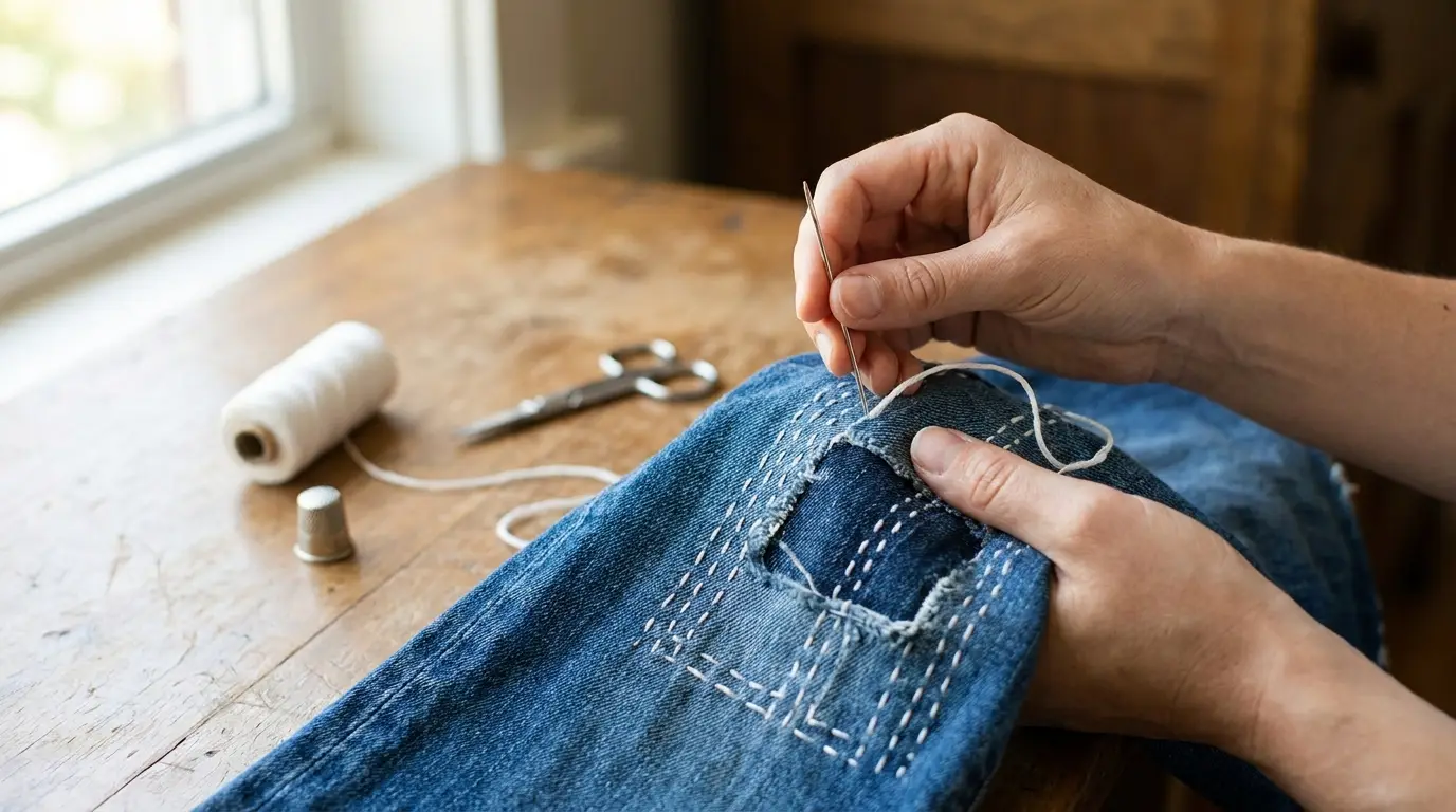 Mains brodant des points de sashiko blancs sur une pièce de denim posée sur un jean indigo déchiré