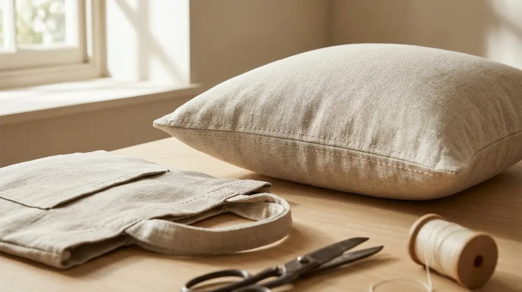 Housse de coussin et tote bag en lin cousus maison, avec leurs surpiqûres apparentes