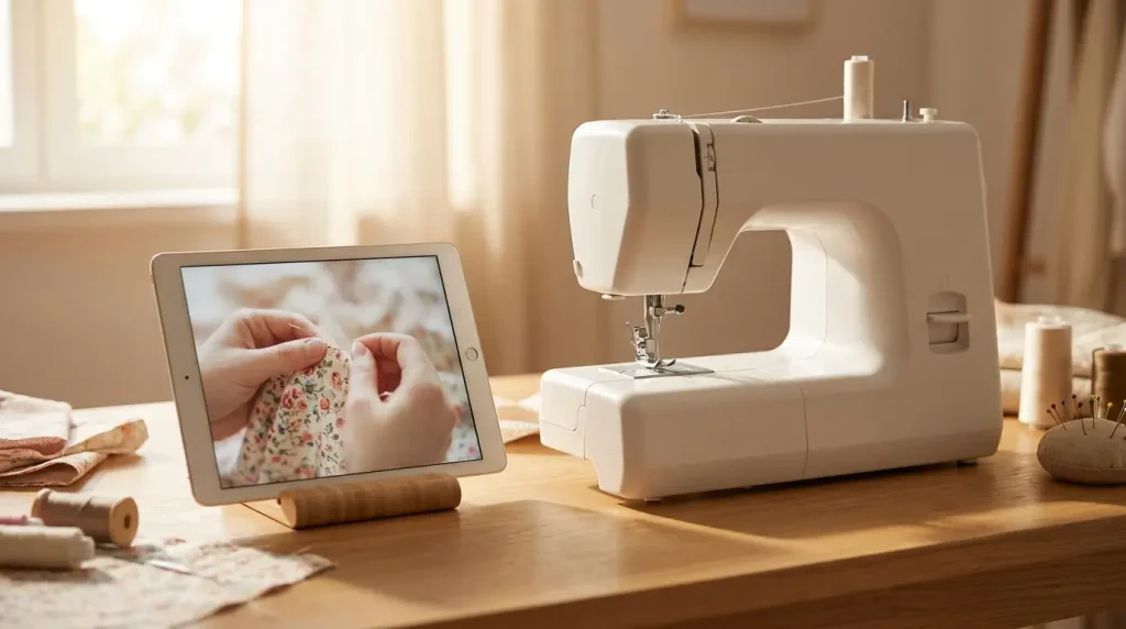 Tablette posée à côté d'une machine à coudre, diffusant un tutoriel de couture pendant le travail