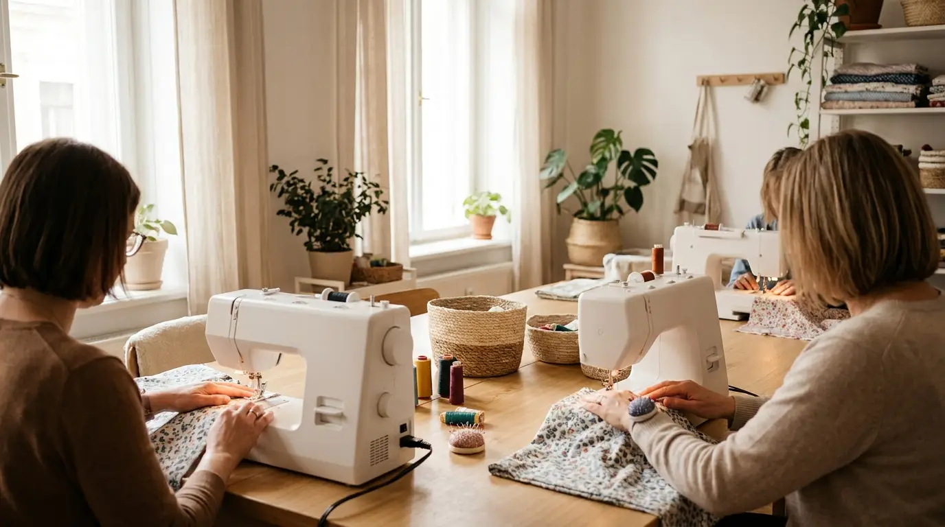Cours de couture en atelier : trois couturières vues de dos, chacune à sa machine autour d'une grande table
