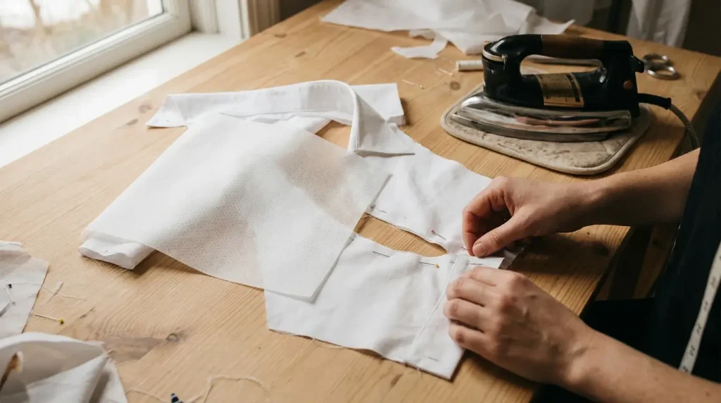 Col de chemise et pied de col épinglés, avec une pièce d'entoilage thermocollant et un fer à repasser