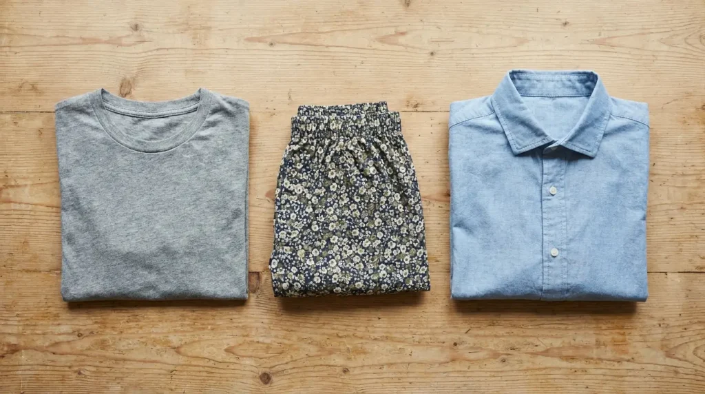 Trois basiques du vestiaire masculin cousus main, pliés côte à côte : tee-shirt gris, boxer imprimé et chemise en chambray