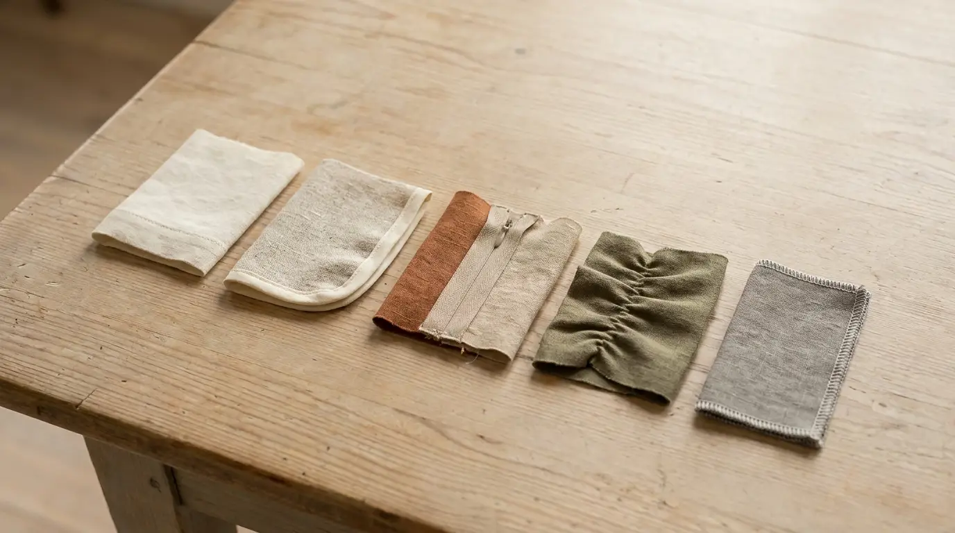 Échantillons de tissu montrant chacun une technique de couture finie, alignés sur une table d'atelier
