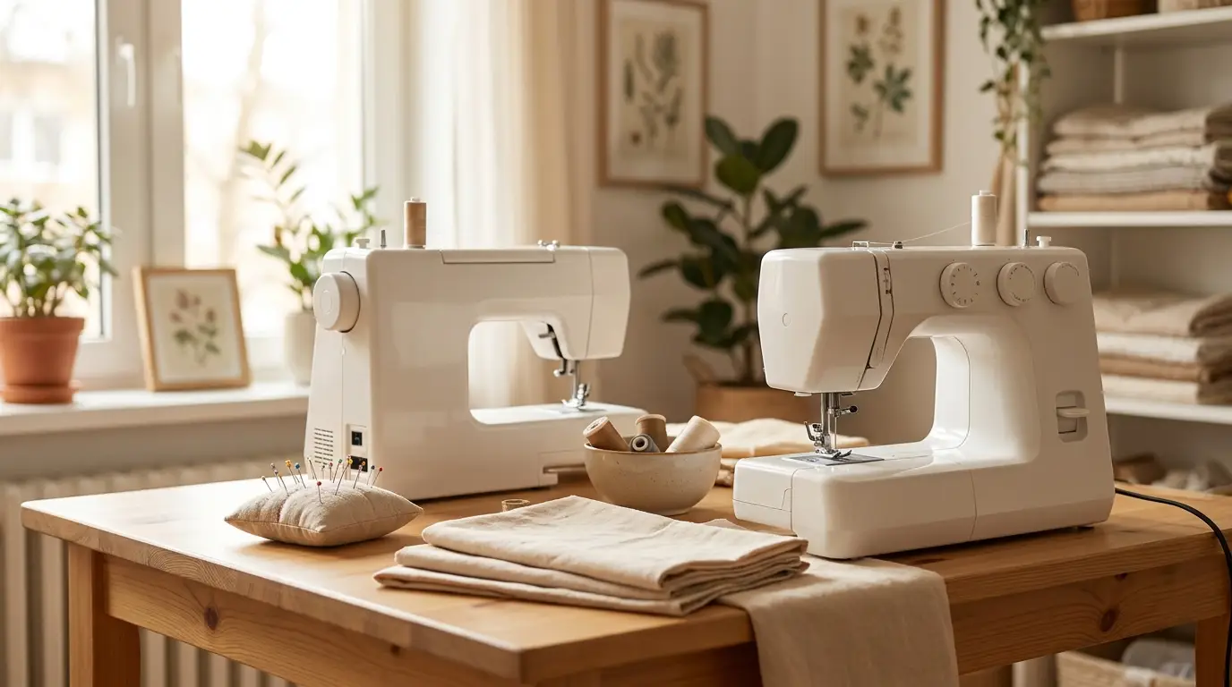 Deux machines à coudre blanches côte à côte sur une table d'atelier lumineuse