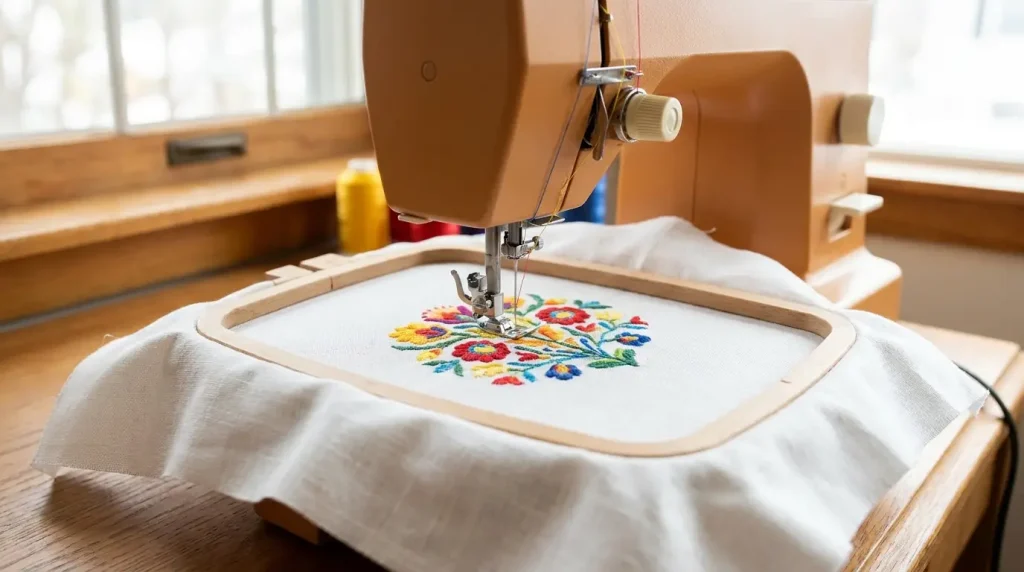 Machine à broder piquant un motif floral coloré dans un cadre rectangulaire