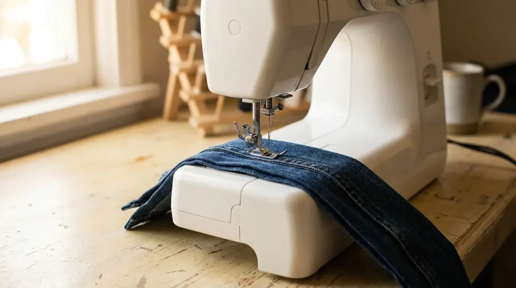 Machine à coudre blanche piquant plusieurs épaisseurs de jean bleu