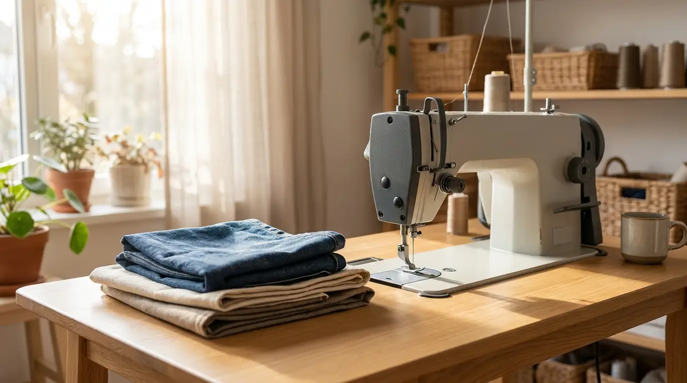 Machine à coudre robuste à l'allure métallique posée près d'une pile de denim et de toile