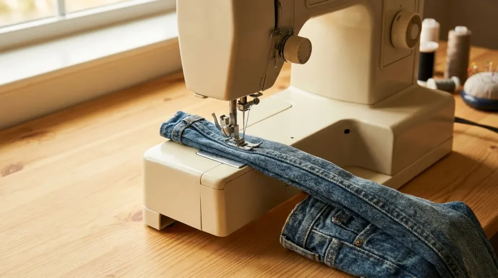 Machine à coudre piquant un ourlet épais de jean, plusieurs couches sous le pied