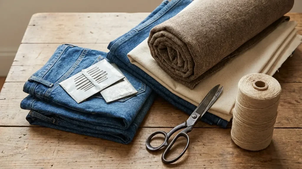 Pile de tissus lourds — denim, toile, ameublement — avec aiguilles, ciseaux et fil solide