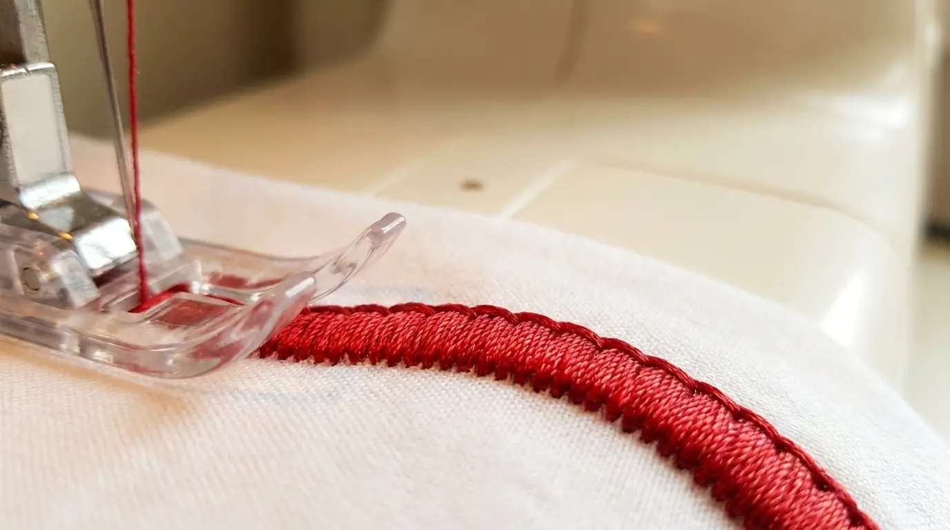 Point de bourdon rouge dense sortant d'un pied transparent à rainure sur du tissu blanc